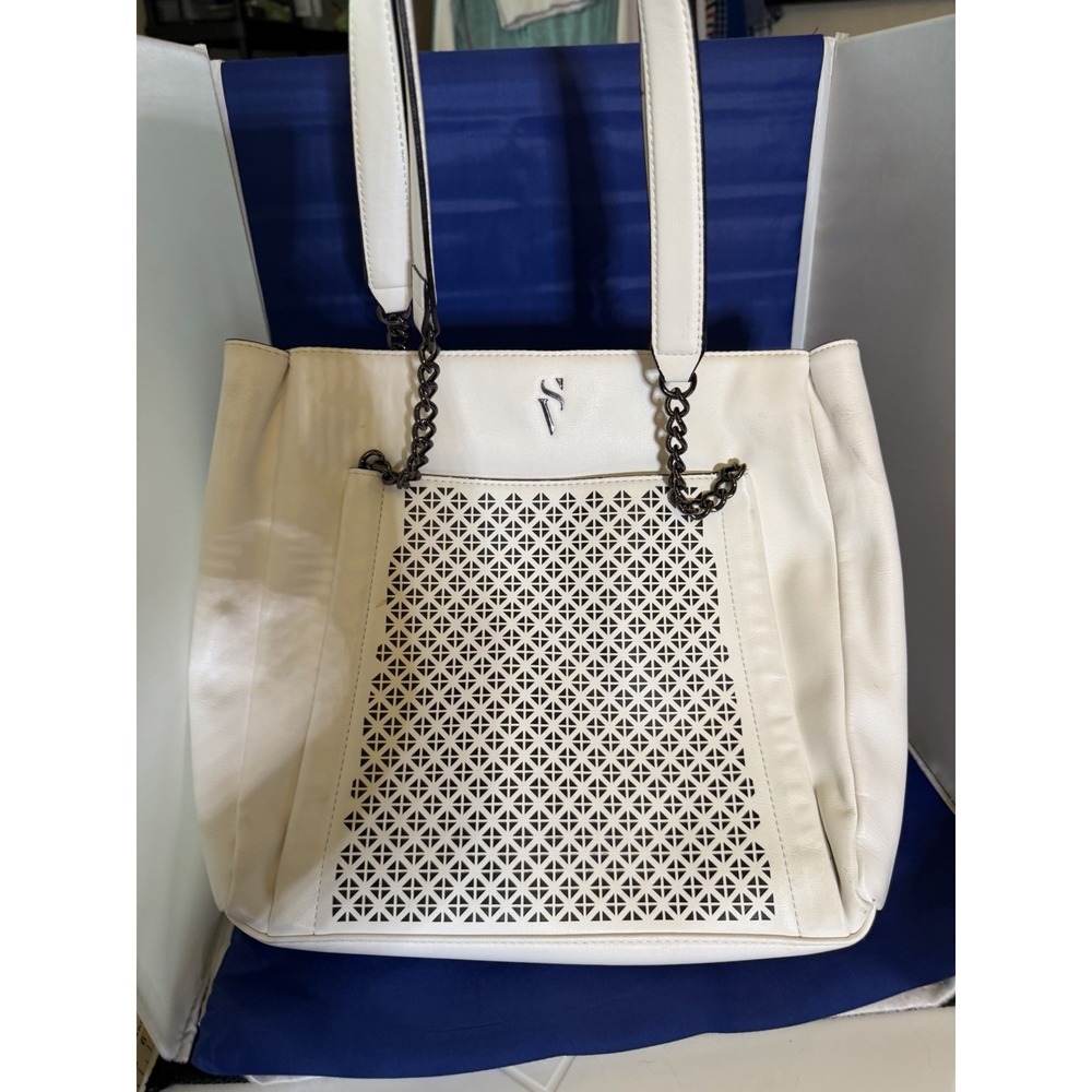 Simply Vera Wang Purse White Laser Cut And Gray Chains